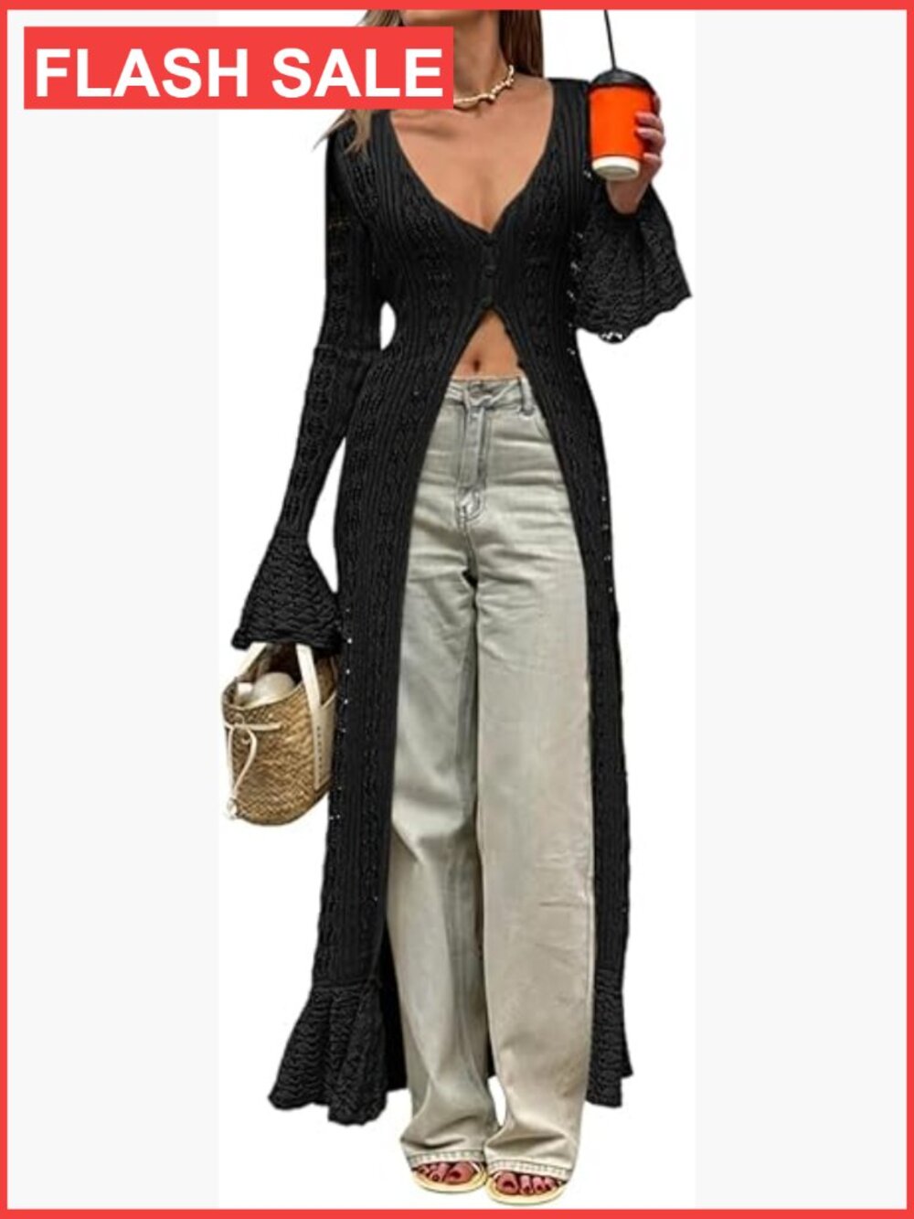 Crochet Long Cardigan Duster Bell Sleeve Button Up Boho Beach Cover Up